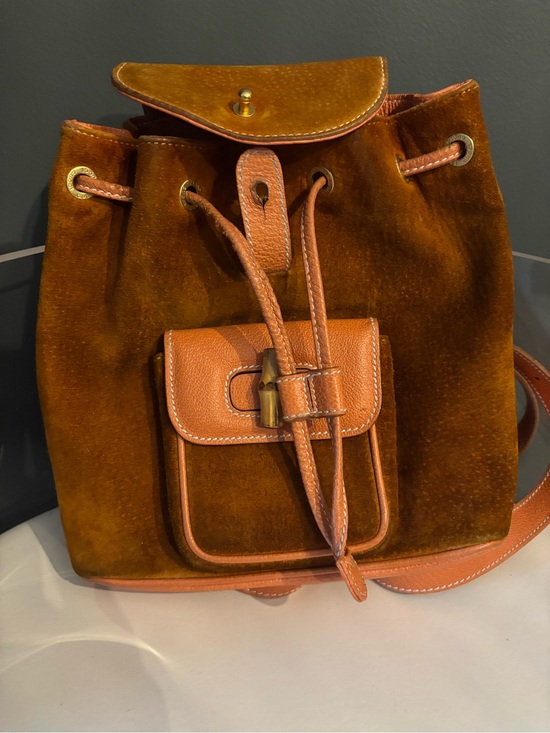 Gucci Handbags - Gucci Brown Suede Drawstring Backpack with Leather Trim